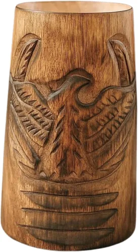 collectiblesBuy Auténtica taza rústica de madera para cerveza, taza marrón grande tallada a mano con diseño de águila, apta para alimentos, hecha a