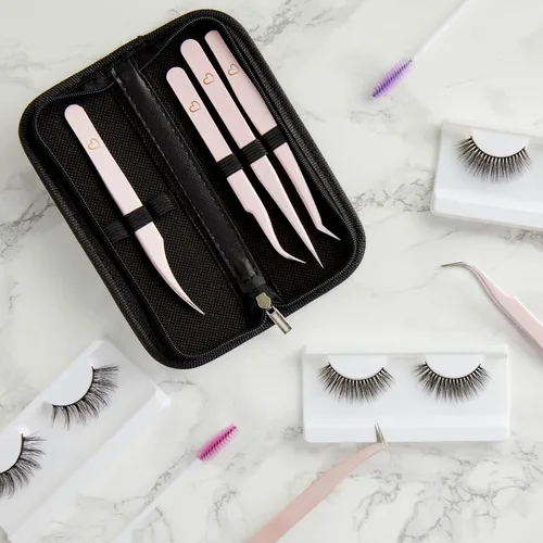 Vista 2 de Okuna Outpost Juego de pinzas de precisión de 6 piezas para extensiones de pestañas con estuche de almacenamiento (rosa claro) - Pinzas para pestañas