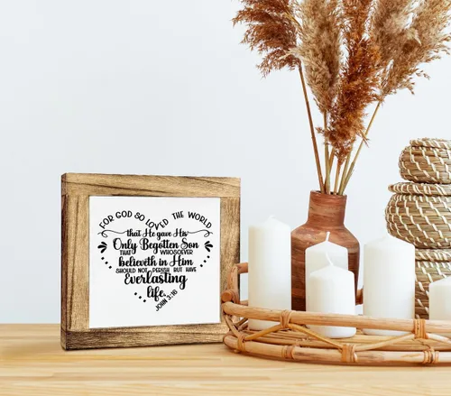 Vista 5 de Letrero de caja con versículo bíblico de Juan 3:16, con texto en inglés "For God So Loved The World that He Gave, placa de madera de regalo