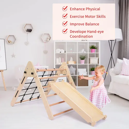 Vista 6 de Colorido escalador triangular 2 en 1 con rampa, escalador triangular para niños pequeños, juguetes plegables para bebés, gimnasio de selva