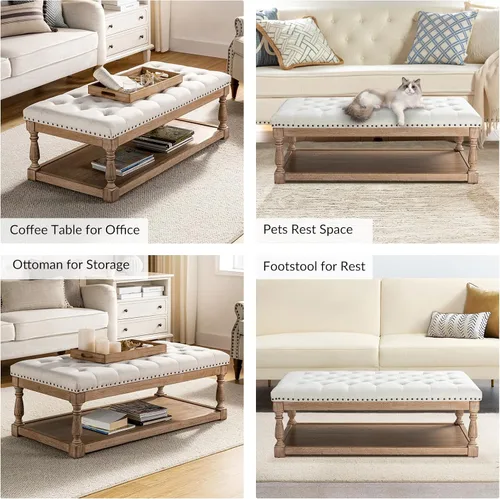 Vista 4 de HULALA HOME Mesa auxiliar otomana copetuda de almacenamiento con estante y bandeja de frutas, otomana rectangular grande para sala de estar, banco