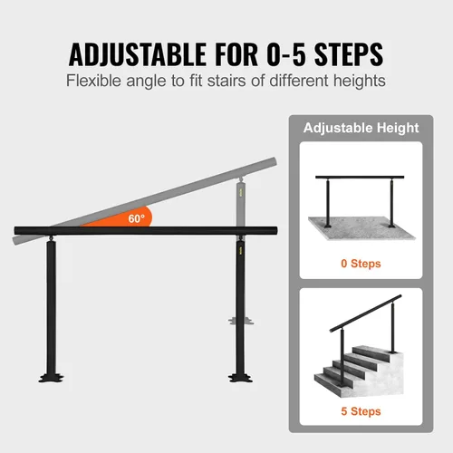 Vista 4 de VEVOR Kit de barandilla para escaleras al aire libre, pasamanos de 5 pies de 0 a 5 escalones, barandilla de aluminio negro de ángulo ajustable
