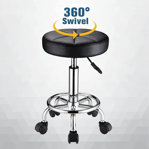 Vista 6 de Taburete redondo con ruedas Silla giratoria ajustable de altura para spa salón masaje negro