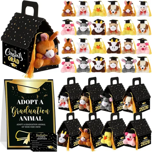 Blueweenly Juego de 24 piezas de graduación de animales de granja, recuerdos de fiesta, mini juguetes de granja de felpa, tarjetas de adopción de