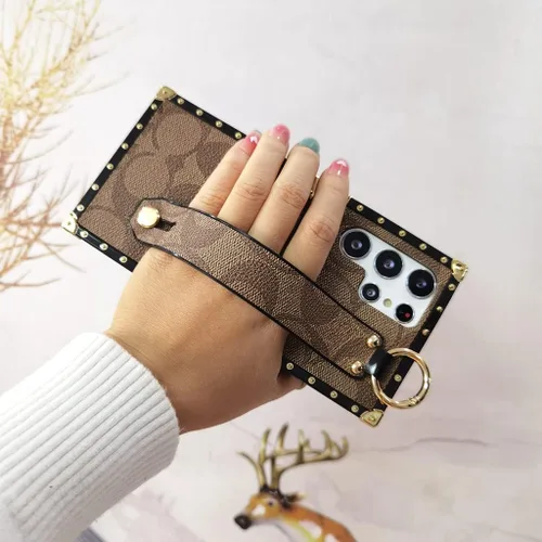 Vista 6 de Funda diseñada para Samsung Galaxy S22 Ultra con correa de pulsera, funda de piel sintética de lujo anticaídas a prueba de golpes para Samsung