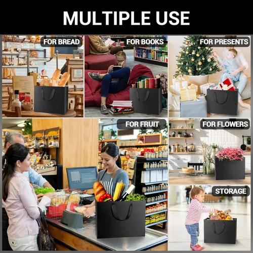 Vista 4 de EUSOAR Bolsas pequeñas negras para envolver regalo, paquete de 50 bolsas de papel de 10.6 x 3.1 x 8.3 pulgadas con asas a granel, bolsas resistentes