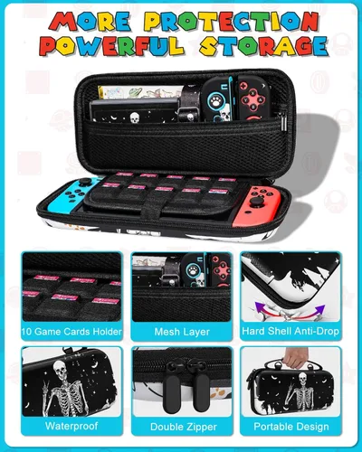Vista 4 de Funda para interruptor de esqueleto de calavera 9 en 1 para Nintendo Switch y accesorios de almacenamiento, kit de agarre para pulgar+soporte