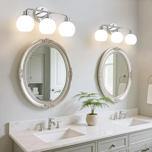 Vista 3 de Lámpara cromada para tocador de baño, lámparas sobre el espejo, 3 lámparas de pared, luces plateadas con globos de leche, pantallas de vidrio
