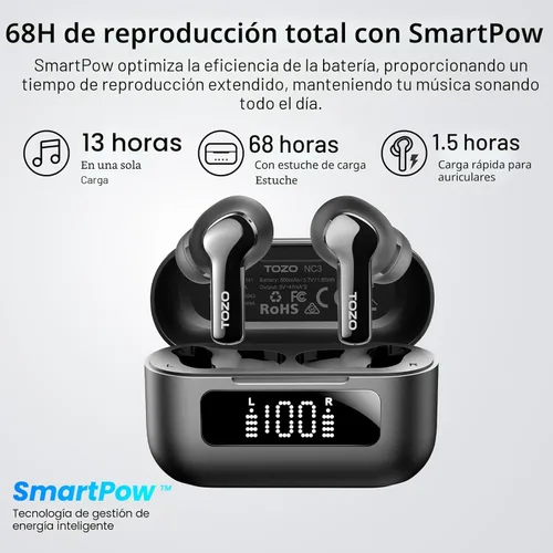 Vista 4 de TOZO Auriculares inalámbricos híbridos con cancelación activa de ruido con 6 micrófonos AI Clear Call Ear Buds 68H Playtime con pantalla LED, 32