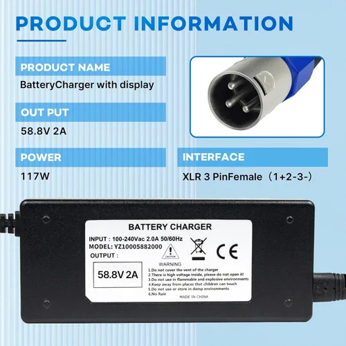 Vista 2 de YZPOWER Cargador de 58.8V 2A Conector XLR de 3 pines para baterías de litio de 52 V, adaptador de corriente con pantalla HD de voltaje de carga