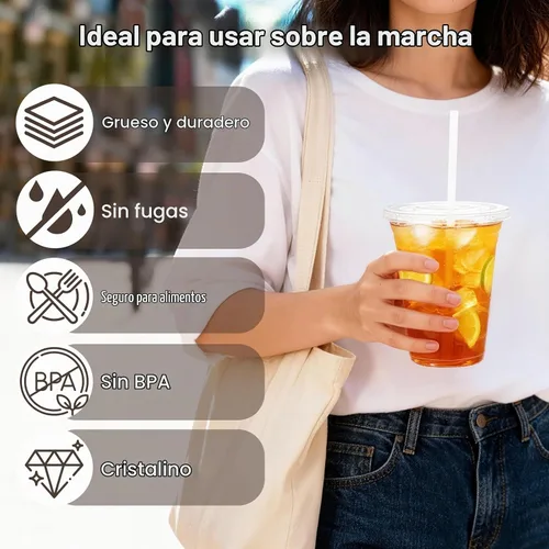Vista 5 de Paquete de 100 vasos de plástico transparente de 20 onzas con tapas y pajitas, tazas desechables para café helado con tapas para bebidas frías