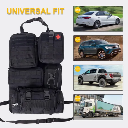 Vista 6 de Organizador táctico universal para respaldo de asiento, panel Molle para vehículo, bolsa de almacenamiento con 5 bolsas Molle desmontables