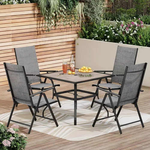 Vista 15 de PHI VILLA Juego de comedor de patio de 9 piezas, muebles de patio al aire libre con sillas plegables portátiles ajustables (azul) y mesa de comedor