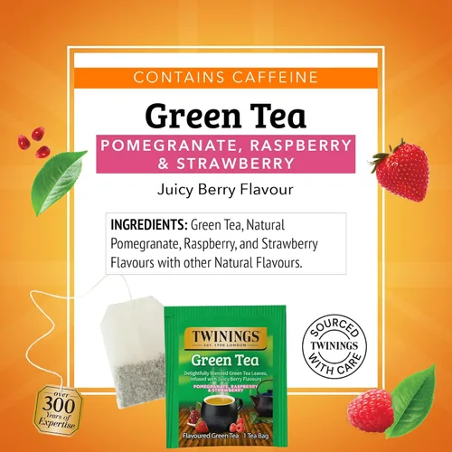 Vista 4 de Twinings, Green Tea with Pomegranate, Raspberry, & Strawberry - Té verde con granada, frambuesa y fresa, con cafeína, té en bolsas individuales