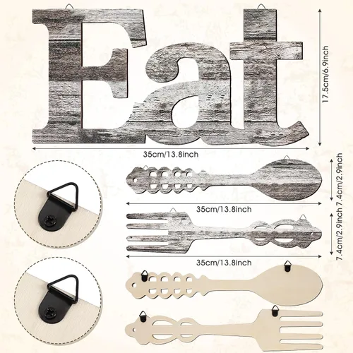 Vista 2 de Jetec Juego de letrero para comer, tenedor y cuchara, decoración de pared, madera rústica para comer, lindas letras para comer para la cocina