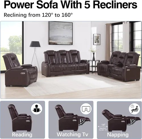Vista 7 de THSUPER Sofá reclinable de cuero marrón para sala de estar, juegos de muebles con almacenamiento de brazos y reposacabezas eléctrico, juego de sofá
