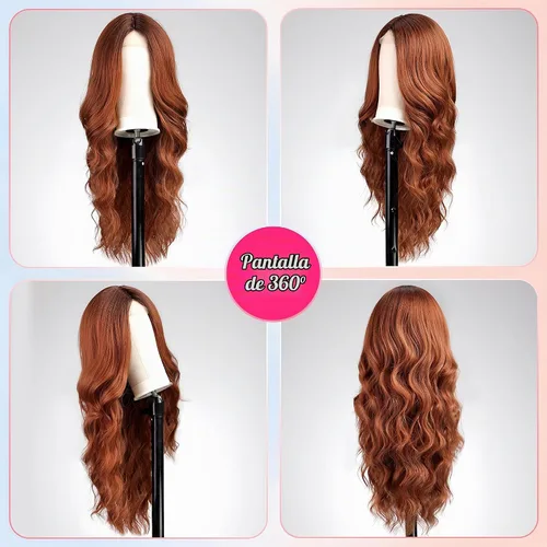 Vista 6 de EMMOR Peluca larga y ondulada marrón mixta para mujer, pelucas de encaje frontal, aspecto natural, 26 pulgadas, parte media, peluca rizada