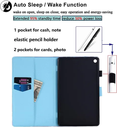 Vista 4 de Funda para tableta Amazon Kindle Fire HD 8 (8ª/7ª/6ª generación, 2018/2017/2016), con portalápices, bolsillo para tarjetas, imán de piel sintética