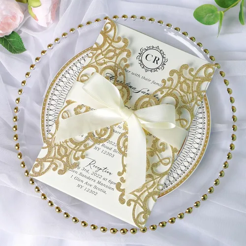 Vista 20 de ponatia 25 tarjetas de invitaciones de boda de 5.12 x 7.1 pulgadas con purpurina plateada cortadas con láser con sobres para tarjetas de invitación