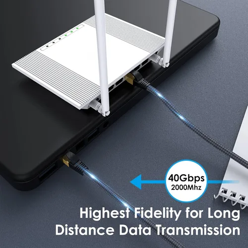 Vista 7 de Cable Ethernet Cat 8 de 50 pies, para exteriores, cable trenzado de nailon Cat 8, resistente 26AWG 40Gbps, 2000MHz, cable de conexión S/FTP