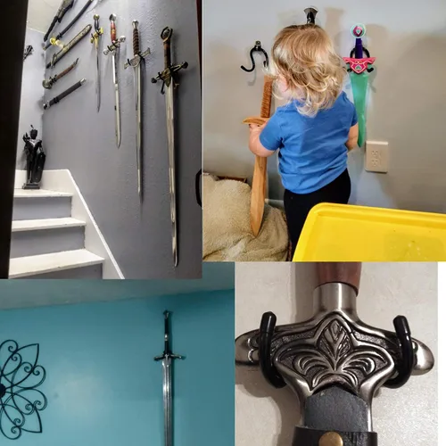 Vista 6 de YYST Mini espada ajustable, gancho de pared, soporte de pared para espada, daga, hacha, hoja de llave, etc., sin pantalla vertical de espada, 4