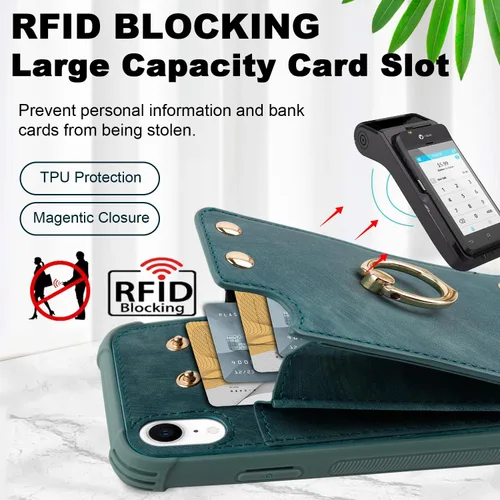 Vista 3 de Funda tipo cartera para iPhone XR10R con tarjetero de crédito, funda protectora de cuero a prueba de golpes compatible con anillo de rotación de 360