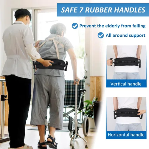 Vista 6 de Cinturón de marcha para personas mayores, cinturón de transferencia con 7 asas acolchadas de nailon, cinturón médico para levantar pacientes, Negro