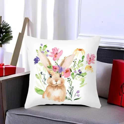 Vista 6 de Juego de 2 fundas de almohada de Pascua de 16 x 16 pulgadas, diseño floral de conejito de Pascua de primavera, fundas de cojín decorativas de conejo