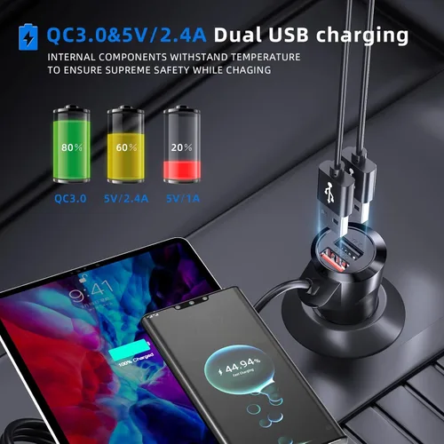 Vista 5 de Adaptador Bluetooth para automóvil 3 en 1, transmisor FM de radio para automóvil, transmisor Bluetooth con soporte para teléfono, carga rápida
