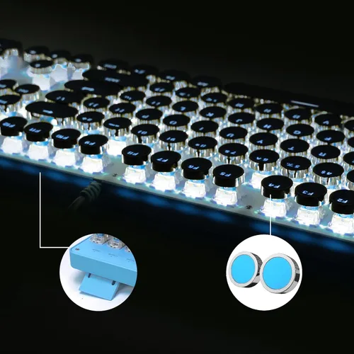 Vista 7 de Teclado mecánico para juegos estilo máquina de escribir, retroiluminado RGB, con cable con interruptor azul, teclas redondas retro, teclado de 104