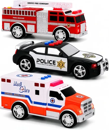 Juego de vehículos de emergencia de juguete para niños con luces y sonidos (camión de bomberos, automóvil de policía y ambulancia) 3 en 1