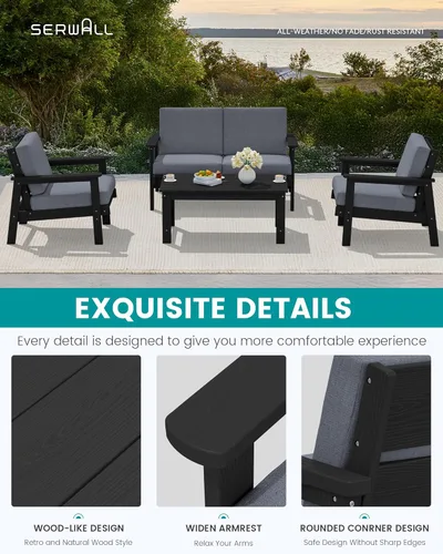 Vista 5 de SERWALL Sofá biplaza para patio al aire libre de HDPE, para todo tipo de clima, muebles de exterior de HDPE, marco negro y cojín gris
