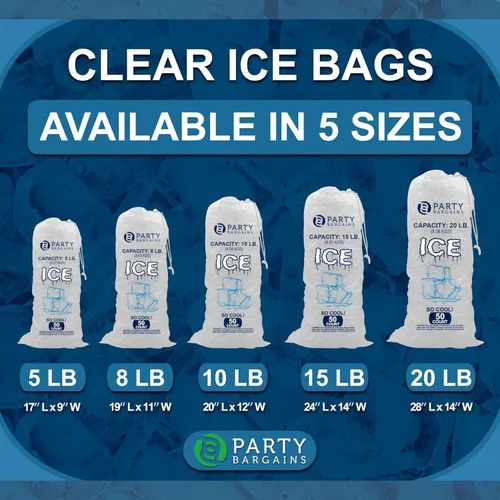 Vista 5 de Party Bargains Bolsas de hielo de plástico con cordón de 8 lb - 50 unidades, tamaño: 19 x 11 pulgadas. Con un cierre de cordón. Almacenamiento