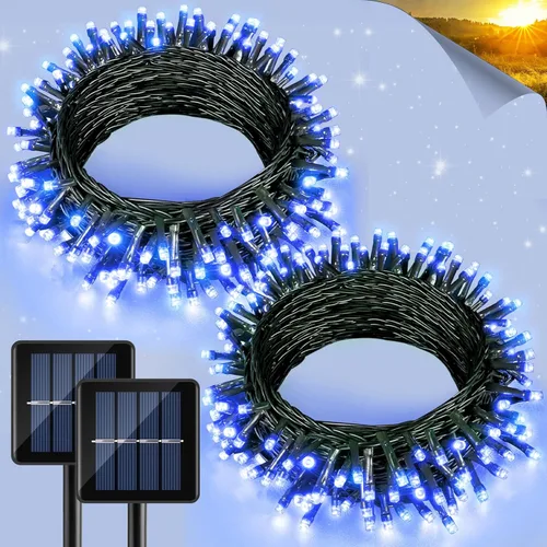 Vista 12 de 2 paquetes de luces solares de Navidad para exteriores, 158 pies 480 LED, luces de cuerda solares impermeables para exterior, 8 modos, luces