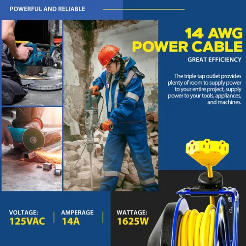 Vista 3 de Goodyear Carrete de cable de extensión retráctil de 14 AWG x 100 pies 3C SJTOW Cable SJTOW Conector triple Clasificación de potencia 125 voltios CA