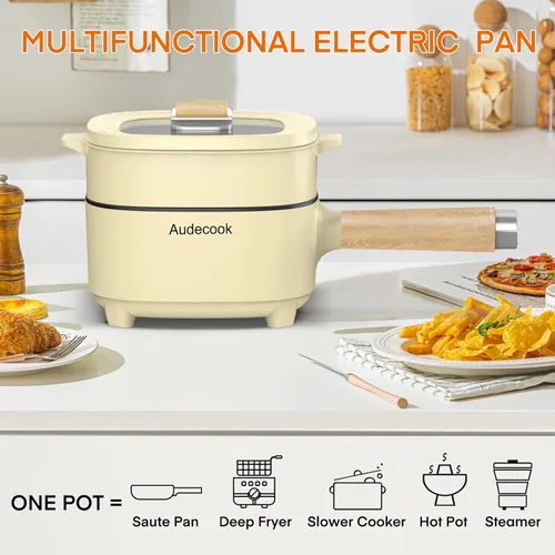 Vista 4 de Audecook Olla Caliente Eléctrica 2L, Sartén Antiadherente con Esmalte Cerámico de 8 Pulgadas, Olla de Viaje Portátil para Ramen/Filete/Arroz