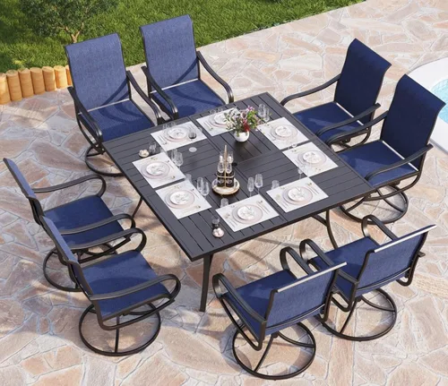 Vista 10 de PHI VILLA Juego de comedor de 5 piezas para patio al aire libre con 4 sillas de comedor giratorias y 1 mesa de comedor similar a la madera, silla