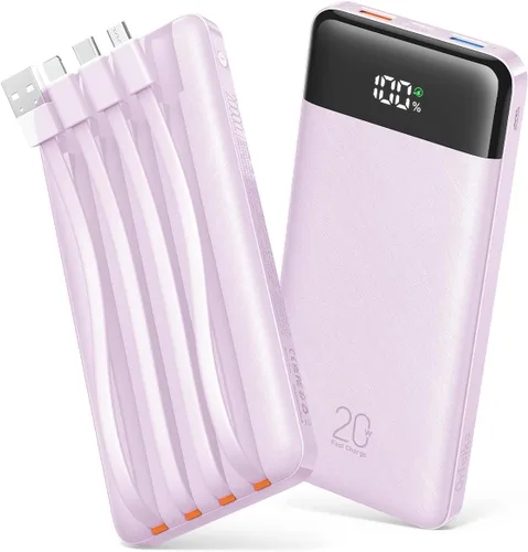 Orfeika Banco de Energía 20000mAh de Carga Rápida, Cargador Portátil con 4 Cables Integrados y 6 Salidas, Paquete de Batería USB C PD de 20W Lavanda