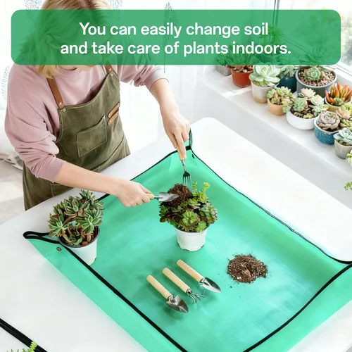 Vista 5 de Juego de herramientas de jardinería de 5 piezas con alfombrilla de trasplante, mini herramientas de jardín para plantas de interior, tapete