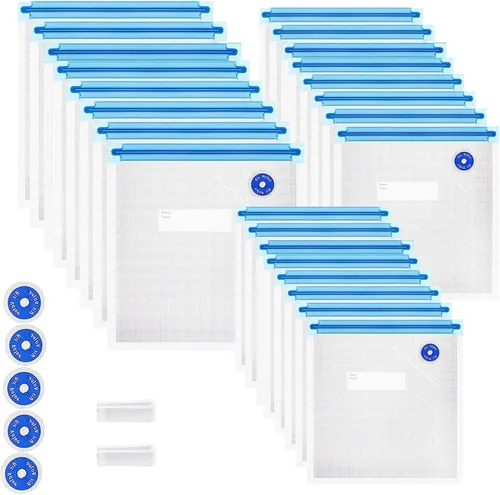 Vista 9 de Sous Vide - Bolsas de 31 unidades (24 bolsas con cremallera al vacío y 2 clips de sellado y 5 válvulas de aire), bolsas reutilizables sin BPA