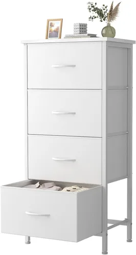 Vista 14 de Sweetcrispy Cómoda pequeña de 4 cajones de tela, mesita de noche con marco resistente superior de madera, armario de entrada, armario, dormitorio