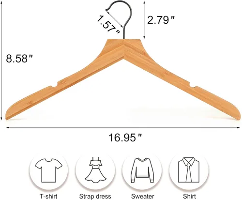 Vista 2 de TOPIA HANGER Perchas de madera de bambú, perchas con gancho negro giratorio y nothces de corte liso, juego de 12 perchas de madera duraderas