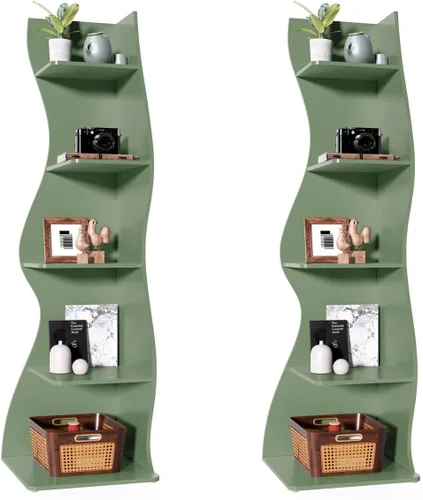 Vista 10 de LITTLE TREE Estantería esquinera de 70 pulgadas, estantería de exhibición Etagere con forma de algas marinas, estantes de pared independientes de 5