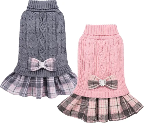 Vista 9 de YUDODO Vestido suéter para perro pequeño con corbata de cuello alto y lazo - Ropa de invierno tejida para perros hembras - Suéter cálido para Marrón