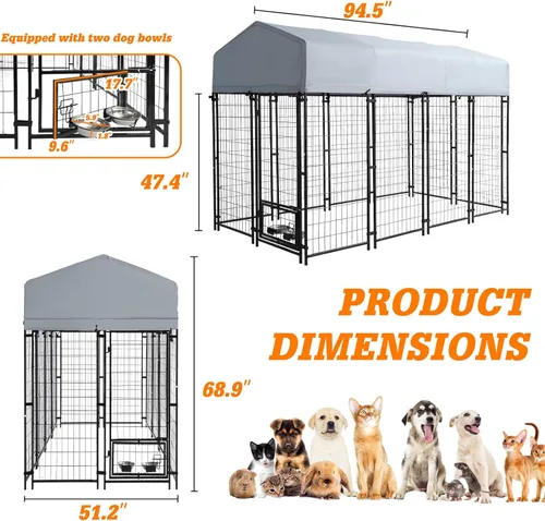 Vista 2 de Perrera grande para perros de 8 x 4 x 6 pies con techo, corral de acero soldado resistente al aire libre con cuencos giratorios, jaula para perros
