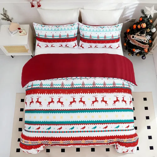 Vista 3 de Xruibed Juego de funda de edredón de Navidad, tamaño Queen, diseño de alces de Navidad, color rojo, a rayas, de 3 piezas, con 2 fundas de almohada