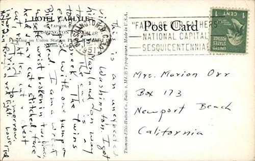Vista 2 de Hotel Carlyle Washington, Distrito de Columbia DC Original Vintage Postal 1951