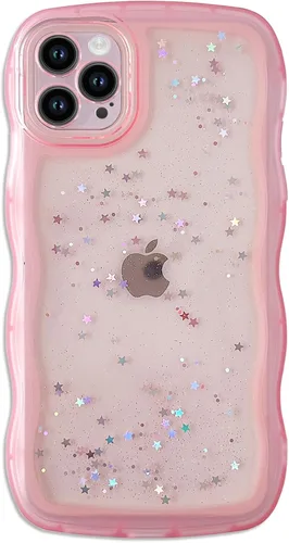Vista 29 de Qokey para iPhone 14 Plus Funda de 6.7" con diseño de borde ondulado rizado, transparente, con purpurina, brillo, estrellas, brillante, lindo
