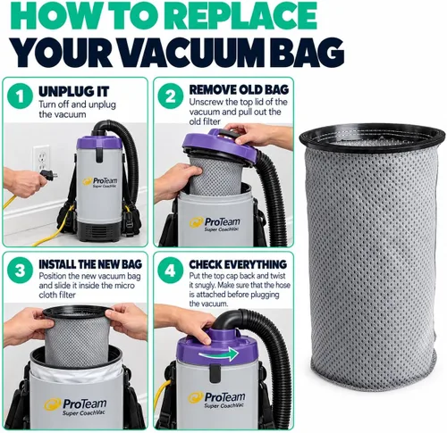 Vista 9 de 1 bolsa de aspiradora reutilizable de repuesto de 10 cuartos de galón, compatible con ProTeam Parte # 100565, compatible con ProTeam Coachvac, Super