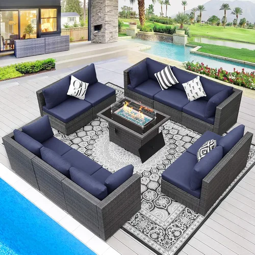 Vista 24 de BULEXYARD Juego de muebles de exterior de respaldo alto de 7 piezas con hoguera, juego de sofá de patio de mimbre duradero para todo tipo de clima